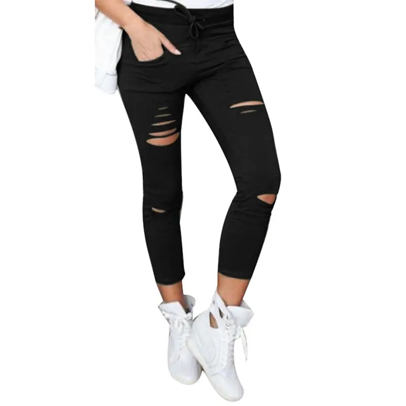 Cotton Ankle-Length Pants Women Skinny Hole Ripped Pants High Waist Stretch Slim Pencil Trousers Plus Size S-Xxl 4