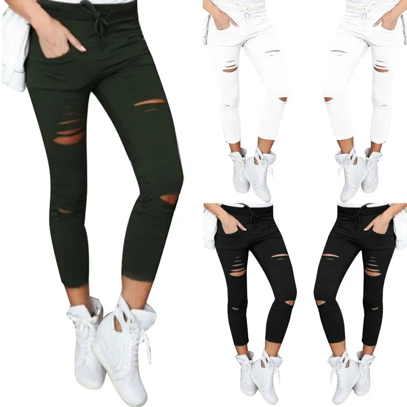 Cotton Ankle-Length Pants Women Skinny Hole Ripped Pants High Waist Stretch Slim Pencil Trousers Plus Size S-Xxl 9