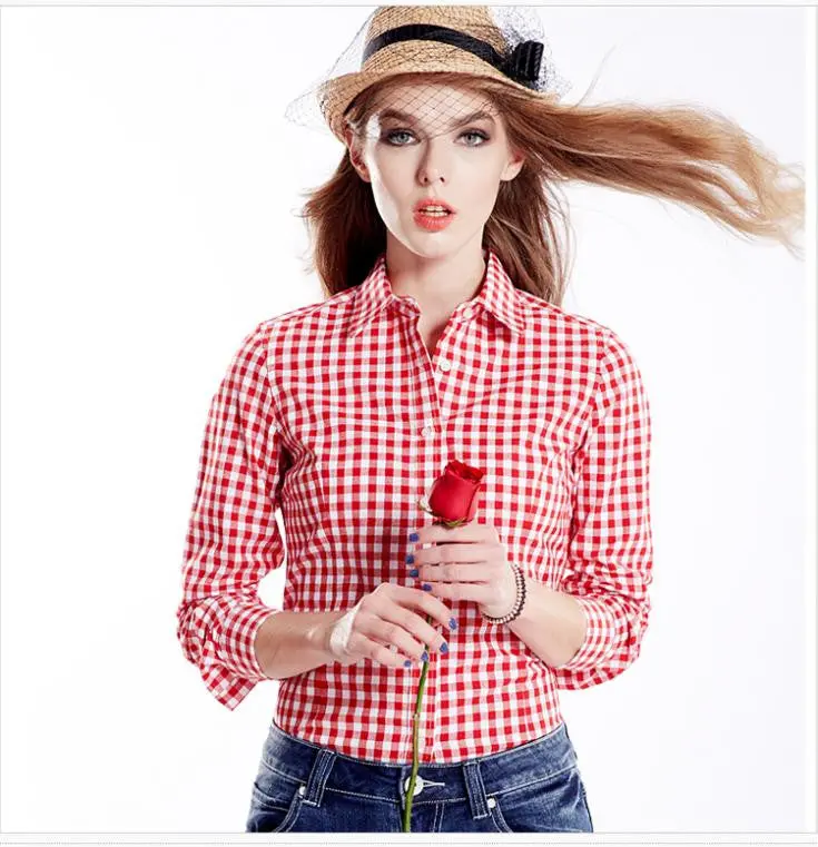 Cotton Clasical Women's Stripe Plaid Blouses Shirts Long Sleeve Grid Shirts For Woman Ladies Casual Top Blusas 9