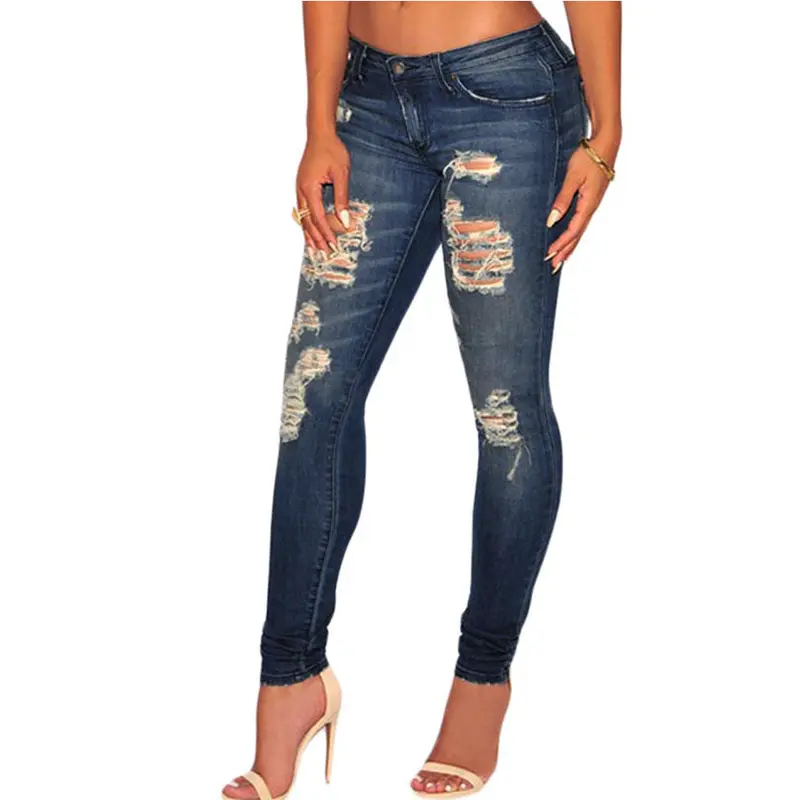 Cotton Dark Sandblast Wash Ripped Jeans For Low Waist Skinny Jeans With Holes Ripped Pencil Denim Pants Wo 1