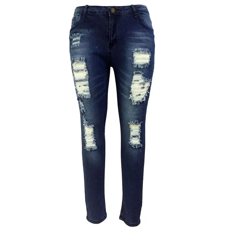 Cotton Dark Sandblast Wash Ripped Jeans For Low Waist Skinny Jeans With Holes Ripped Pencil Denim Pants Wo 4