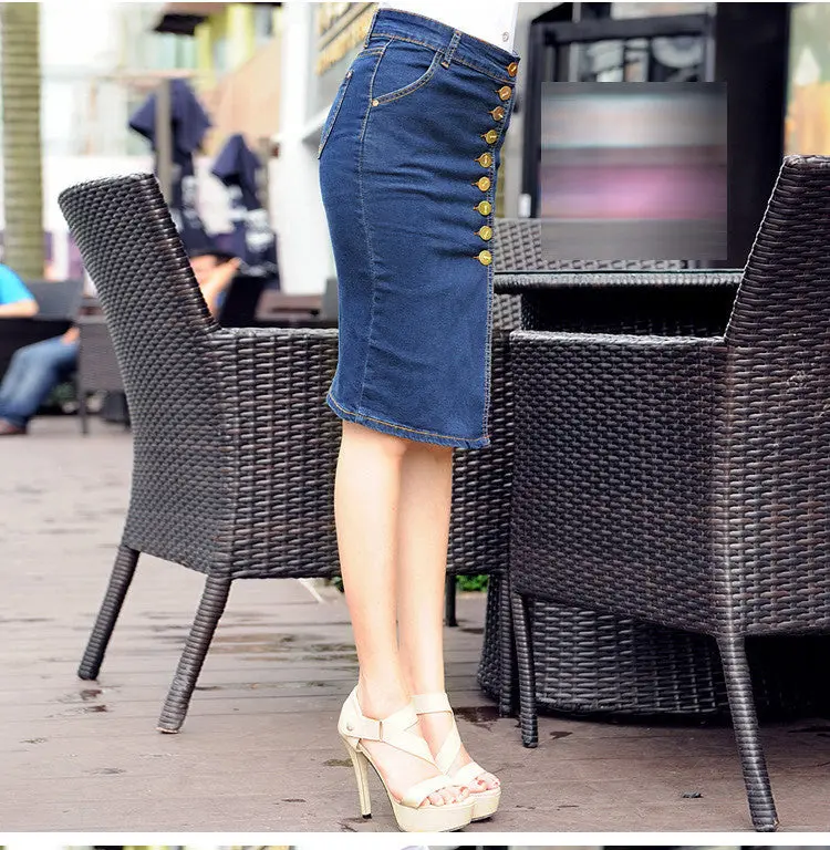 Cotton High Waist Denim Skirts Pencil Knee Length Long Jean Skirts Saia Jeans Large Plus Size Skirt 5Xl 6Xl 2