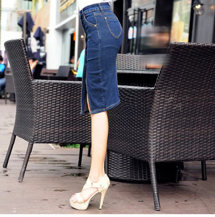 Cotton High Waist Denim Skirts Pencil Knee Length Long Jean Skirts Saia Jeans Large Plus Size Skirt 5Xl 6Xl 3