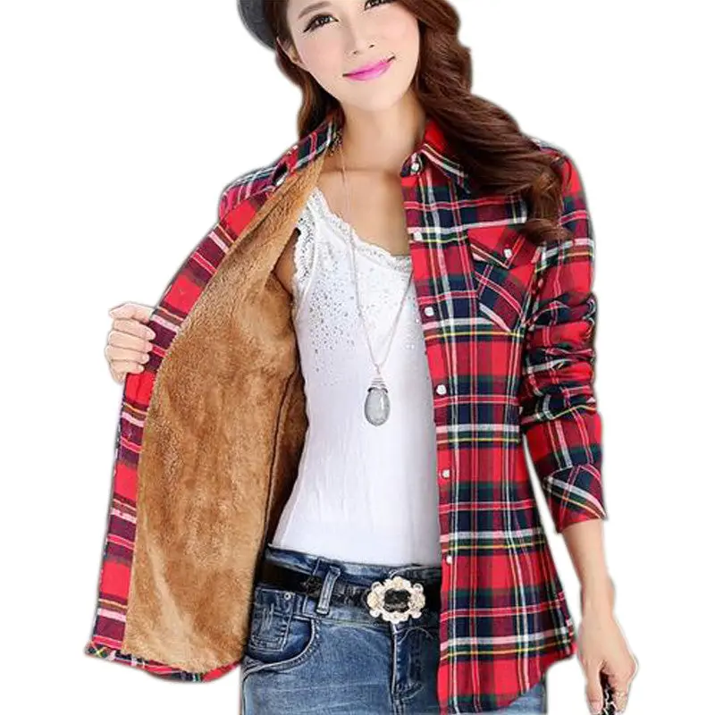 Cotton Plaid Blouse Shirt Women Velvet Warm Blouse Long Sleeve Slim Thicken Tops Ladies Blouse Plus Size Gv294 21