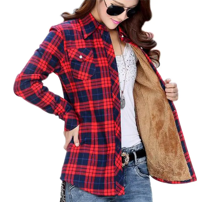 Cotton Plaid Blouse Shirt Women Velvet Warm Blouse Long Sleeve Slim Thicken Tops Ladies Blouse Plus Size Gv294 23
