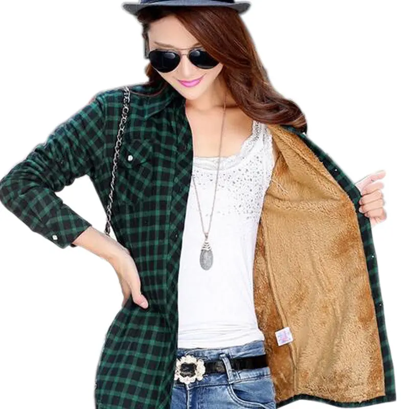 Cotton Plaid Blouse Shirt Women Velvet Warm Blouse Long Sleeve Slim Thicken Tops Ladies Blouse Plus Size Gv294 24