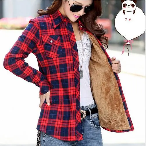 Cotton Plaid Blouse Shirt Women Velvet Warm Blouse Long Sleeve Slim Thicken Tops Ladies Blouse Plus Size Gv294 25