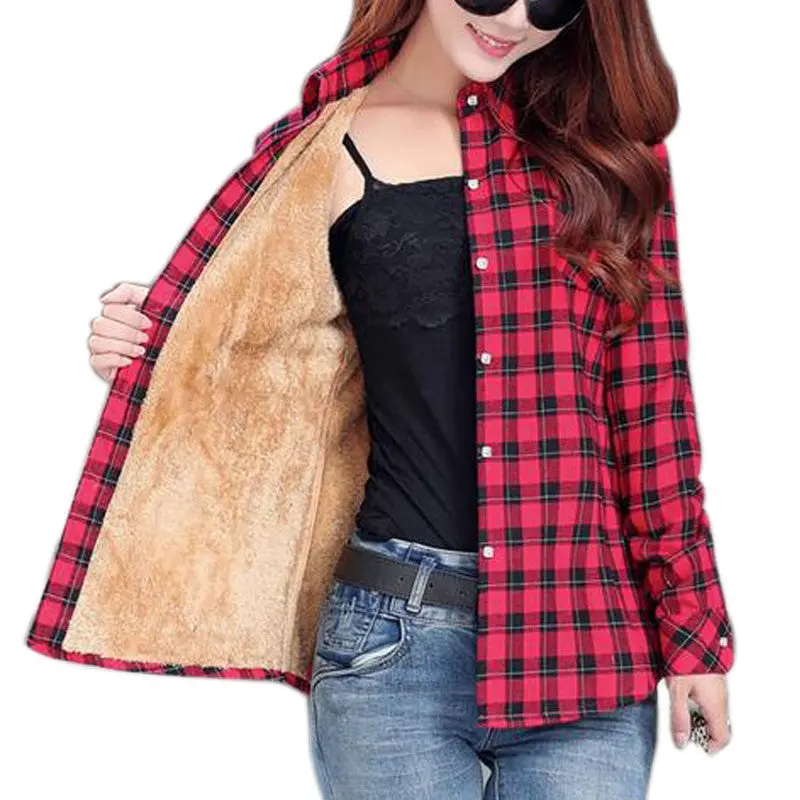 Cotton Plaid Blouse Shirt Women Velvet Warm Blouse Long Sleeve Slim Thicken Tops Ladies Blouse Plus Size Gv294 25