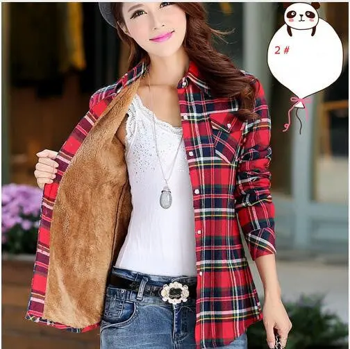 Cotton Plaid Blouse Shirt Women Velvet Warm Blouse Long Sleeve Slim Thicken Tops Ladies Blouse Plus Size Gv294 5