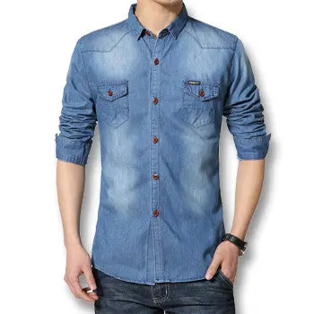 Cotton Shirts Casual Slim Fit Long Sleeved Turn Down Collardenim Jeans Shirts Camisa Masculina 1