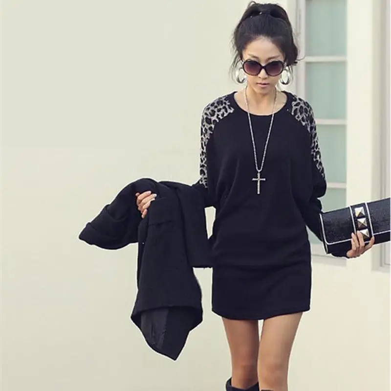 Cotton T-Shirt Long Batwing Sleeve Korean Ladies Fashion Leopard Print Casual Loose Shirt Women Tops 1