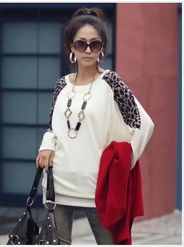 Cotton T-Shirt Long Batwing Sleeve Korean Ladies Fashion Leopard Print Casual Loose Shirt Women Tops 3