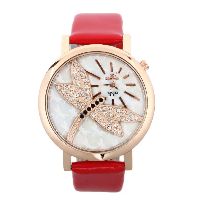 Creative Est Lady Retro Dragonfly Dial Pu Leather Band Quartz Analog Wrist Watches Watch 5 Colors 1