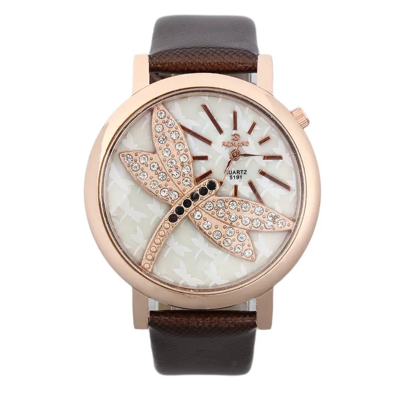 Creative Est Lady Retro Dragonfly Dial Pu Leather Band Quartz Analog Wrist Watches Watch 5 Colors 3