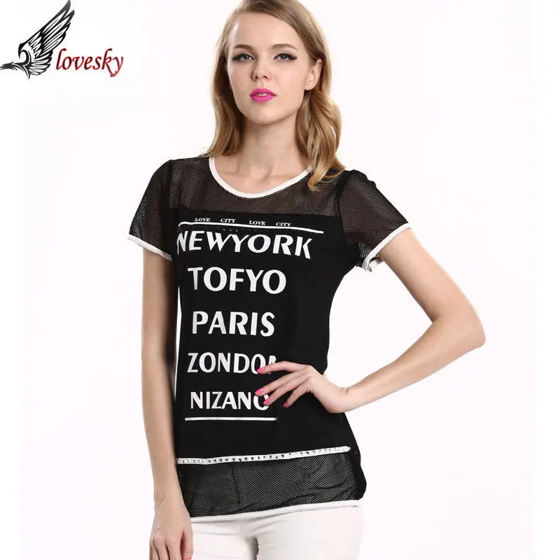 Creative Sexy T Shirt Women Casual O-Neck Short Sleeve Letter Print Mesh Stitching T-Shirts 1