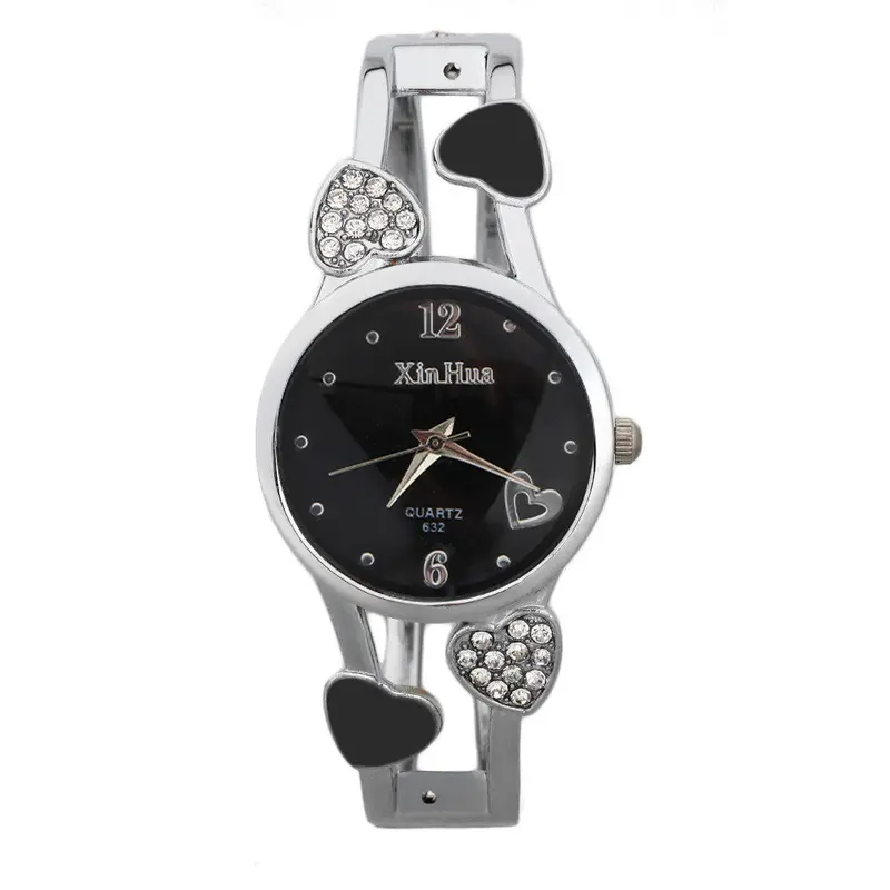 Creativediamond Plated Special Korean Style Bracelet Watches Round Shape Full Steel Casual Heart Pattern Wrist Watch 4