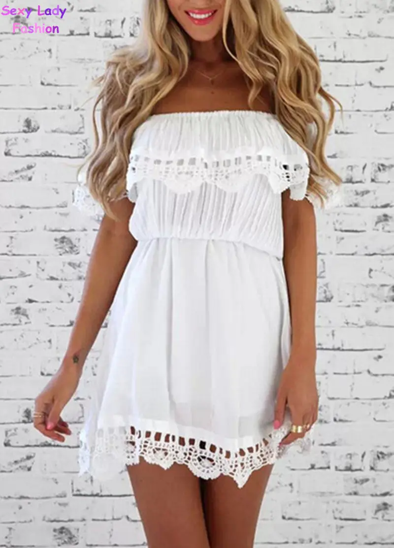 Crochet Hollow Lace Spliced Off The Shoulder Slash Neck Sexy Slim Short Dress Women's Strapless Beach Dresses 3