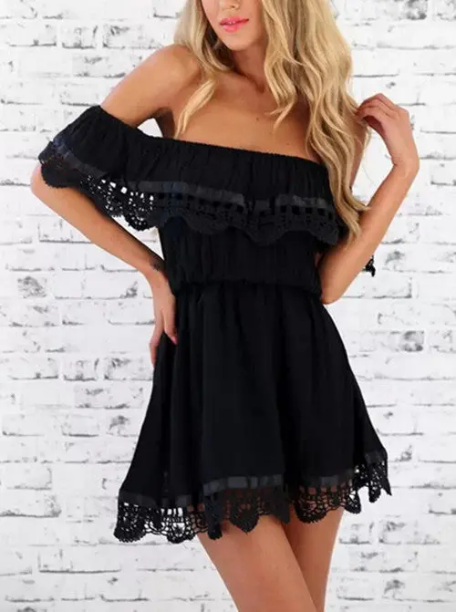 Crochet Hollow Lace Spliced Off The Shoulder Slash Neck Sexy Slim Short Dress Women's Strapless Beach Dresses 4