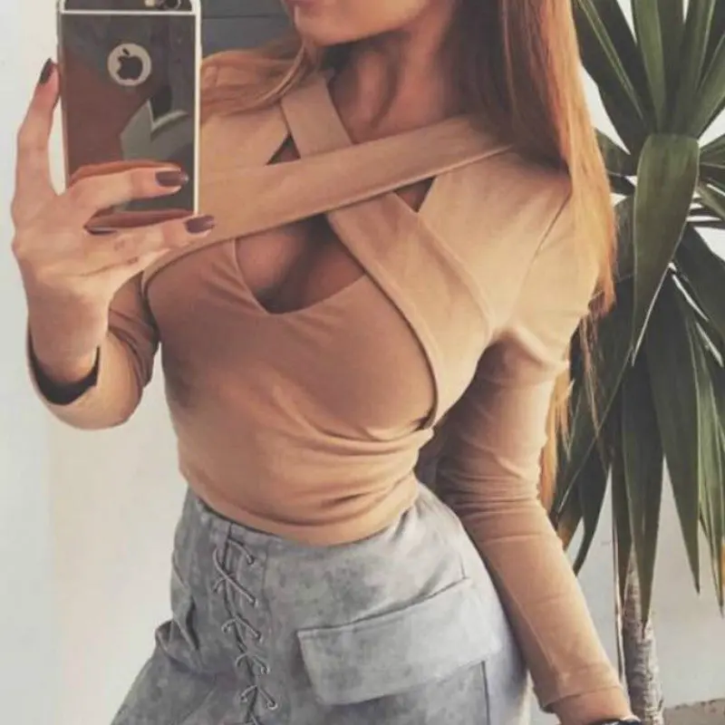 Cross Bandage Crop Top Sexy Long Sleeve Women Shirt Short Ladies Tops Slim Solid Shirt M0591 6