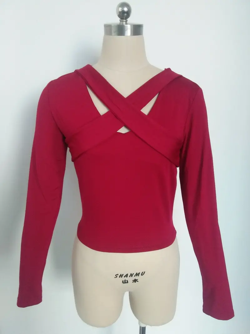 Cross Bandage Crop Top Sexy Long Sleeve Women Shirt Short Ladies Tops Slim Solid Shirt M0591 9