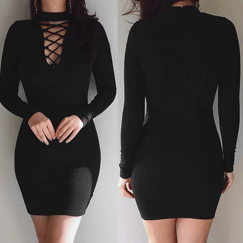 Cross Bandage Plunge Dress Vestidos V-Neck Punk Long Sleeve Mini Women Dress Bandage Dress Vestidos De Fiesta 3