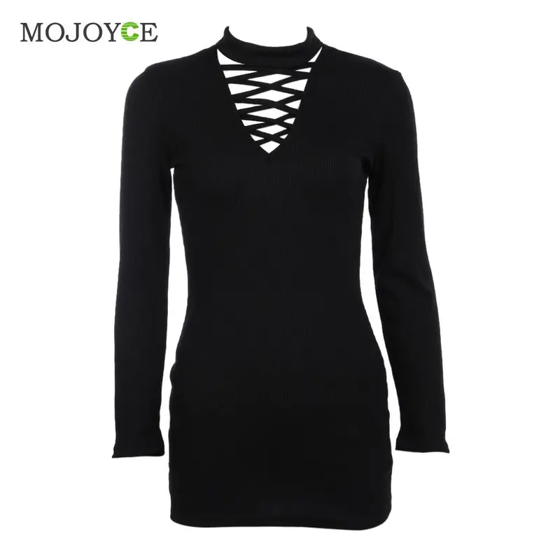 Cross Bandage Plunge Dress Vestidos V-Neck Punk Long Sleeve Mini Women Dress Bandage Dress Vestidos De Fiesta 4