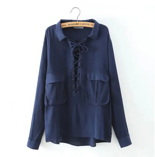 Cross Lacing Up Lapel Neck Double Pockets Cotton Shirt Vintage Women Long Sleeve Casual Blouse Tops 3 Colors S M L 1