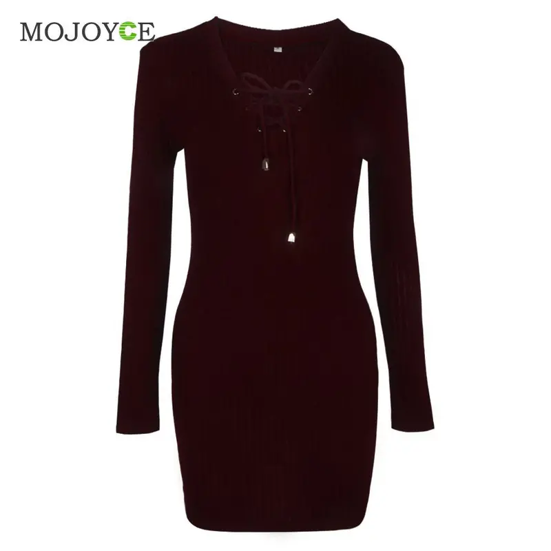 Cross Straps Slim Fit Women Dress V-Neck Long Sleeves Knitting Article Pit Bodycon Party Bandage Dress Vestido De Festa 1