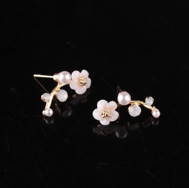 Crystal Branch Shell Pearl Flower Stud Earrings Gold Bijoux Fine Jewelry Brincos Pendientes Mujer S143 1