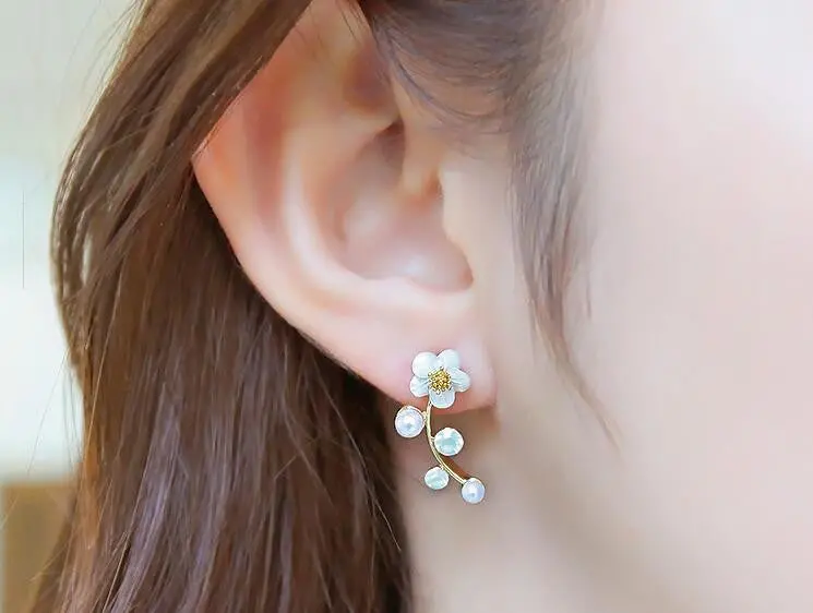 Crystal Branch Shell Pearl Flower Stud Earrings Gold Bijoux Fine Jewelry Brincos Pendientes Mujer S143 2
