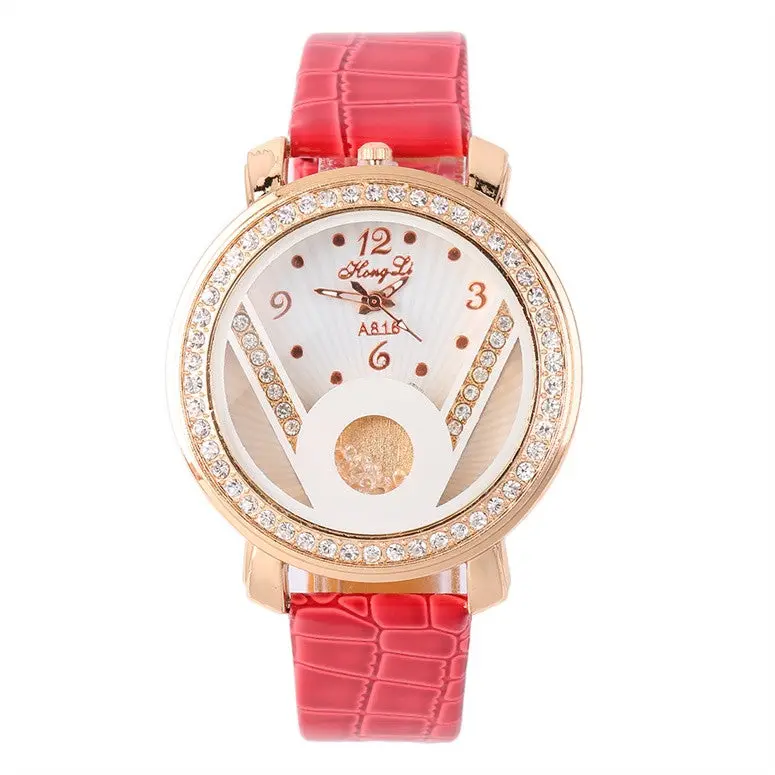 Crystal Round Quartz Analog Pu Leather Strap Wrist Watch Gift With Red, Pink, White, Black Color 1