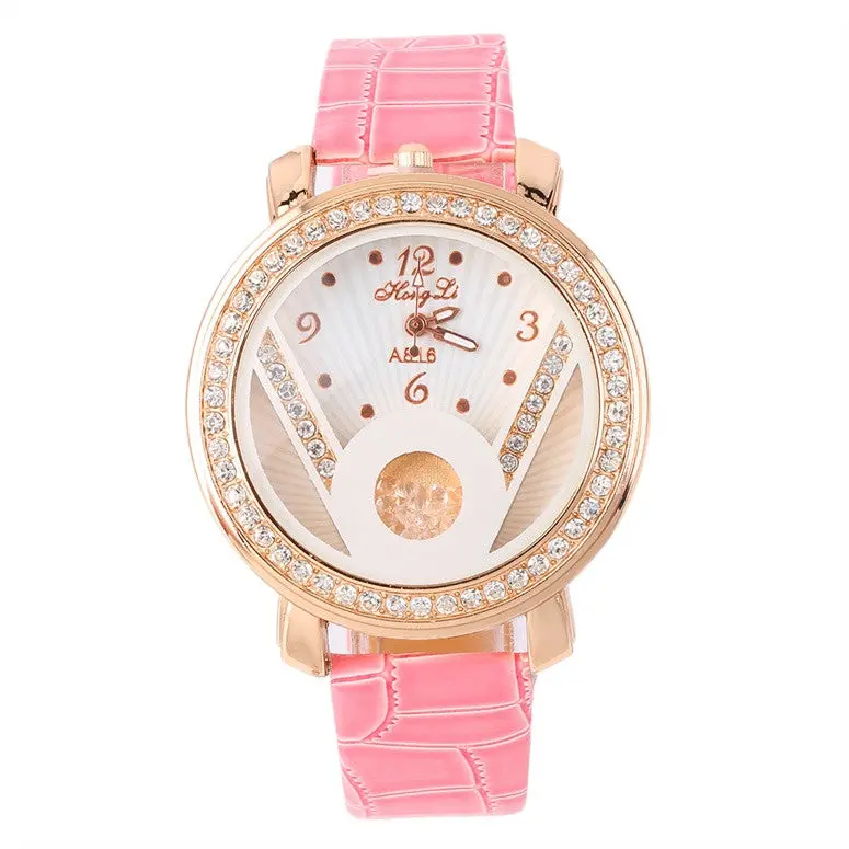 Crystal Round Quartz Analog Pu Leather Strap Wrist Watch Gift With Red, Pink, White, Black Color 2
