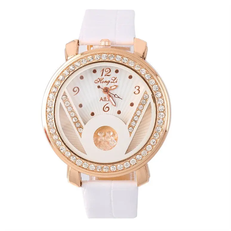 Crystal Round Quartz Analog Pu Leather Strap Wrist Watch Gift With Red, Pink, White, Black Color 3