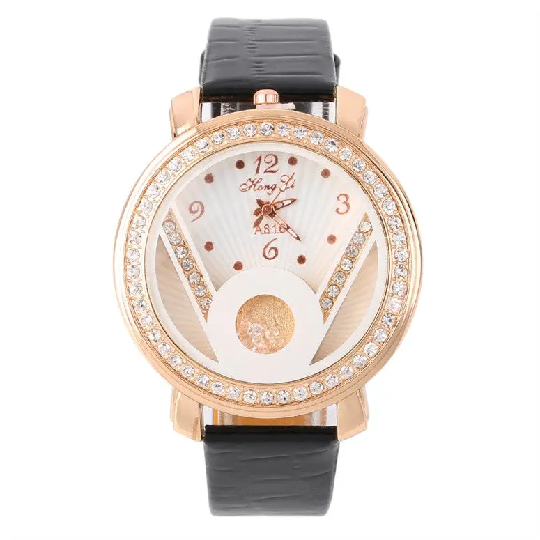 Crystal Round Quartz Analog Pu Leather Strap Wrist Watch Gift With Red, Pink, White, Black Color 4