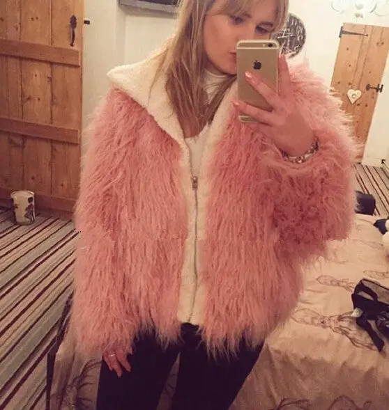 Curly 4 Inches Long Hairy Faux Sheep Fur Coat Woman Spliced Zipper Hooded Outwear Contrast Color Warm Coat 3 Colors 7