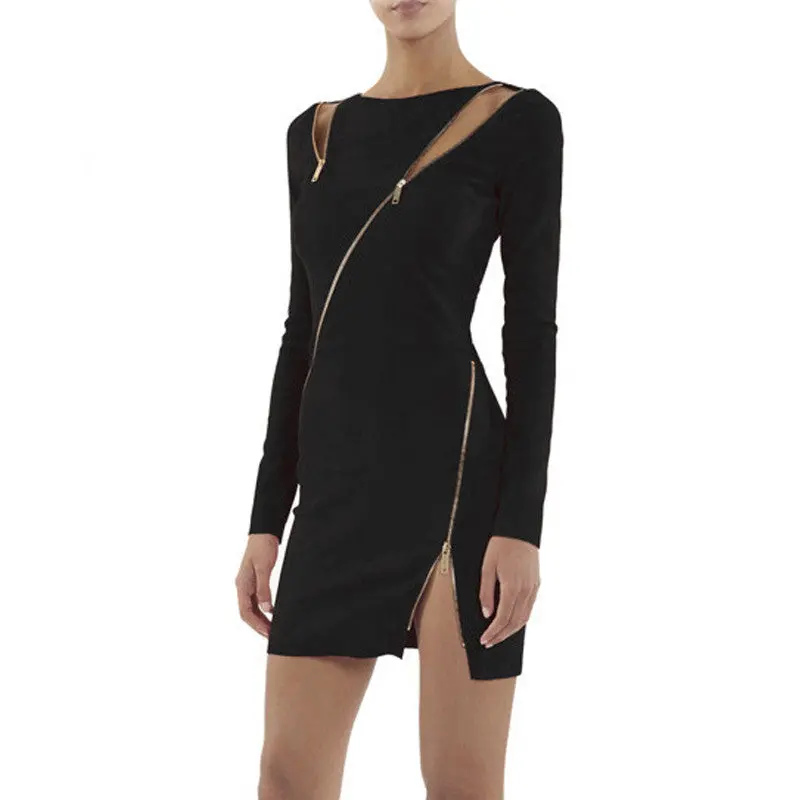 Cut Out Bodycon Dress Black Red Zipper Pattern Split Party Dress Long Sleeve Suede Women Dress 1