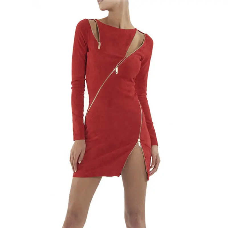 Cut Out Bodycon Dress Black Red Zipper Pattern Split Party Dress Long Sleeve Suede Women Dress 2