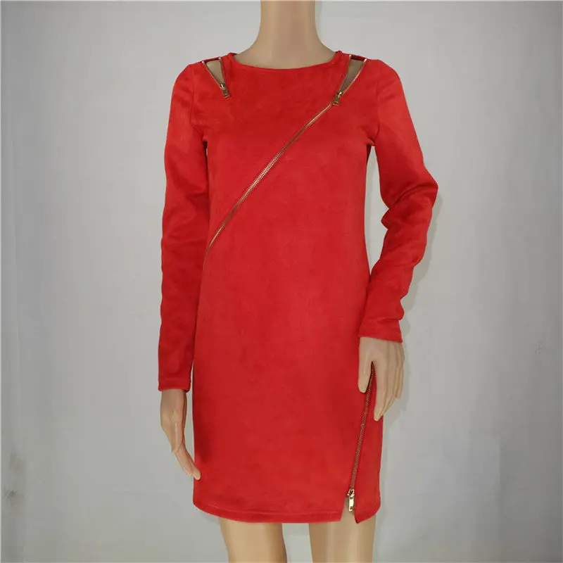 Cut Out Bodycon Dress Black Red Zipper Pattern Split Party Dress Long Sleeve Suede Women Dress 4