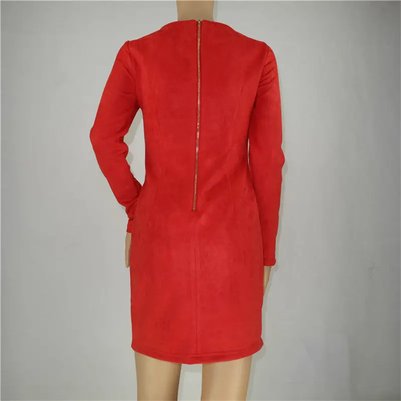 Cut Out Bodycon Dress Black Red Zipper Pattern Split Party Dress Long Sleeve Suede Women Dress 5