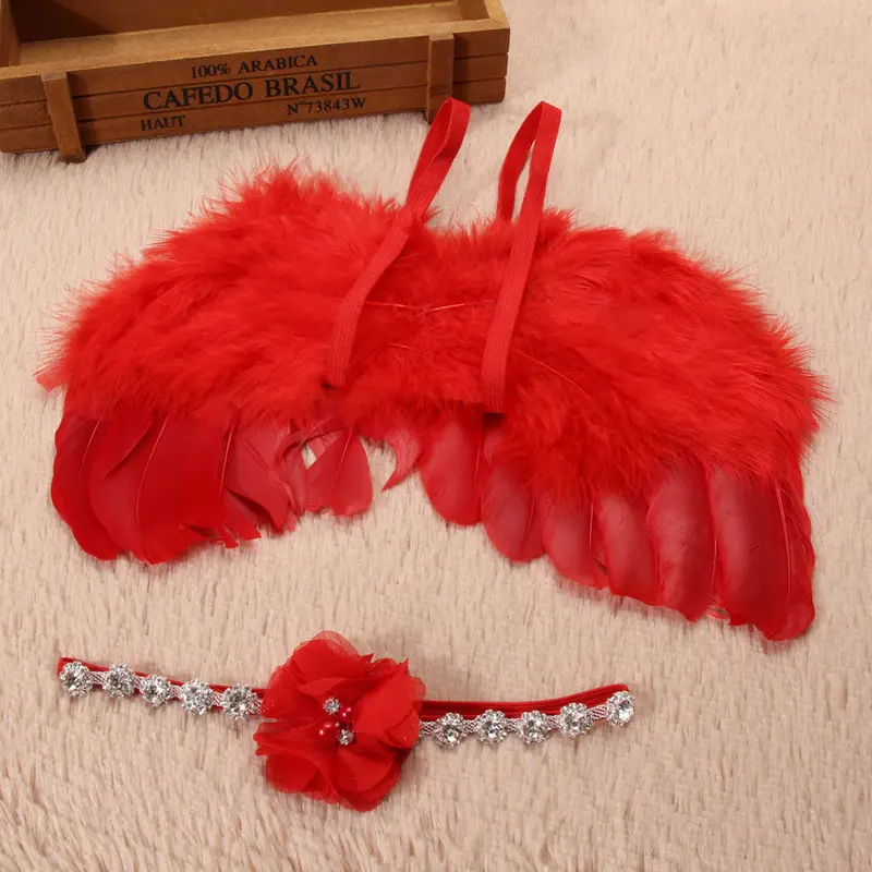Cute Baby Born Pography Props Infant Girls Angel Feather Wings Costume + Headbs Kids Outfit Po Prop Red Pink 1