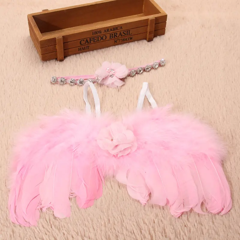 Cute Baby Born Pography Props Infant Girls Angel Feather Wings Costume + Headbs Kids Outfit Po Prop Red Pink 2