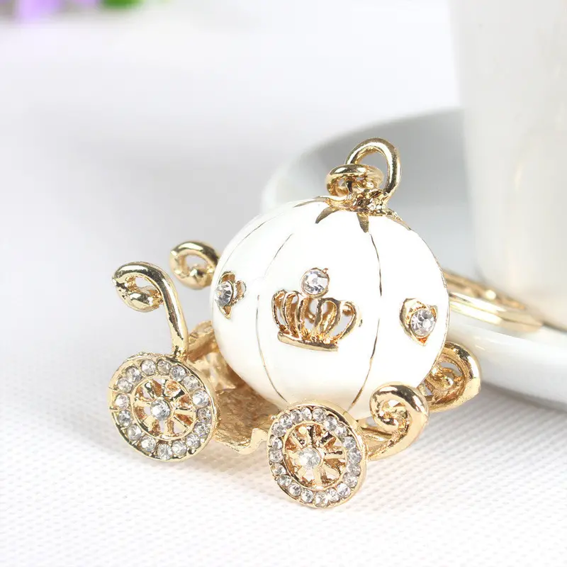 Cute Big White Princess Pumpkin Carriage Crystal Charm Keychain Key Holder Keyring Feida 1