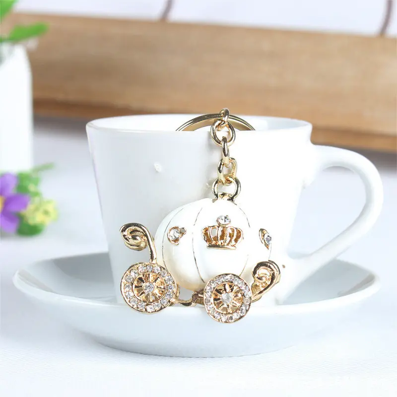 Cute Big White Princess Pumpkin Carriage Crystal Charm Keychain Key Holder Keyring Feida 2