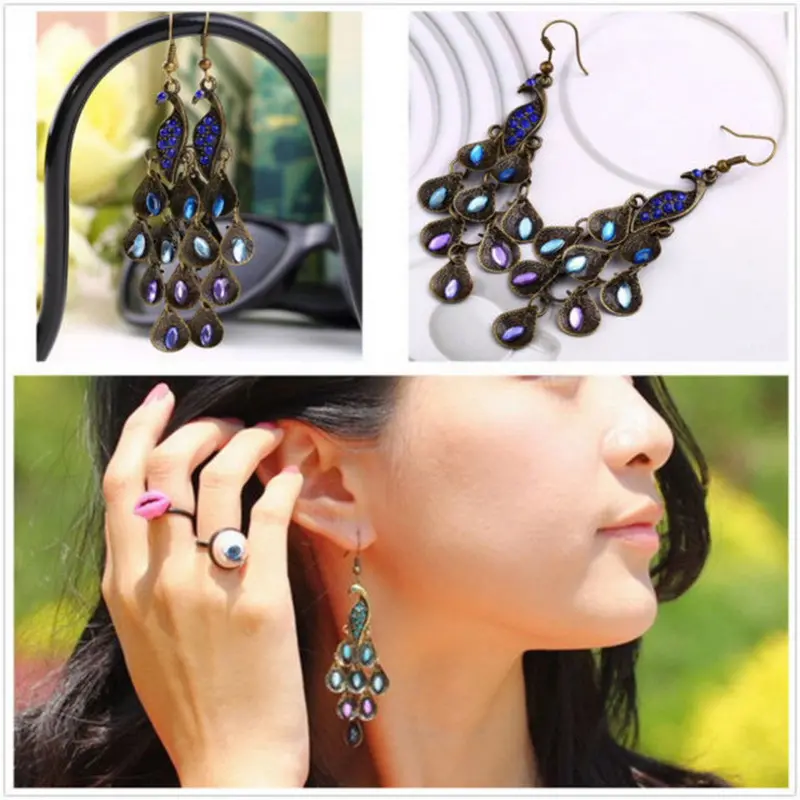 Cute Colorfulretro Blue Prancing Peacock Earrings Hook Clips Est 1