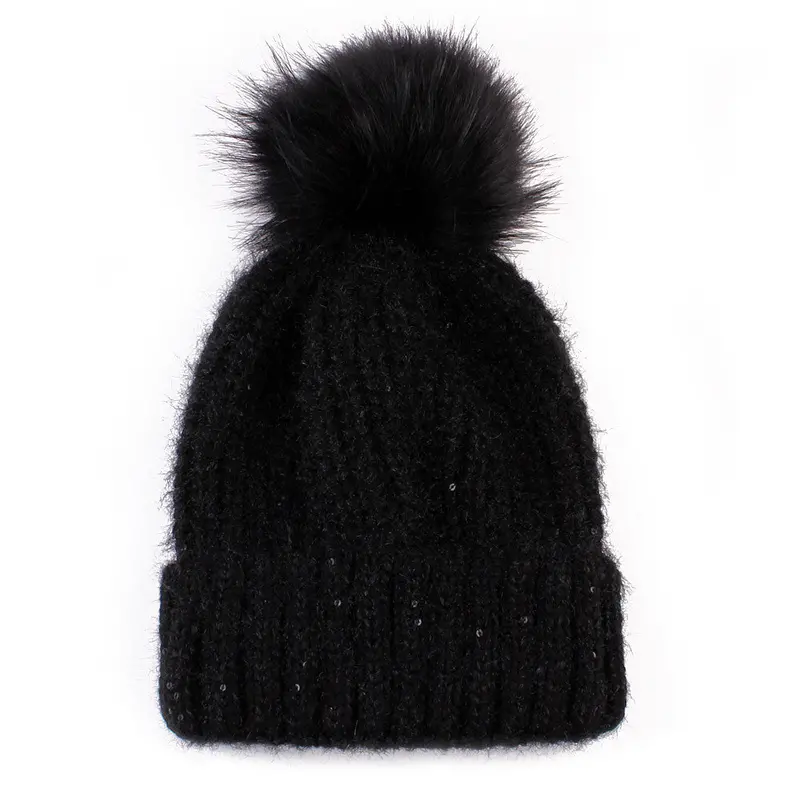 Cute Fur Ball Pompom Women Fashion Keep Warm Hats Knitted Wool Hemming Hat Beanies Accessories Fur Pom Cap 2