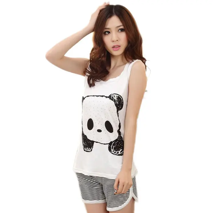 Cute Pajamas Cartoon Panda Print Lady Babydolls Casual Sleeveless Leisure Sleepwear Underwear 1