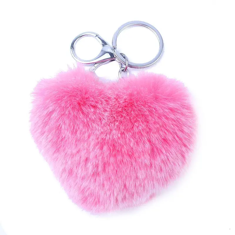 Cute Red Heart Pompom Fur Rabbit Keychain On Bag Handbag Car Key Ring Fur Pom Pom Keychain Women Llaveros Mujer Feida 3