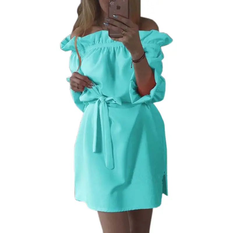 Cute Ruffles Slash Neck Bow Belt Pin Up Dress Women Neon Green Dress Puff Sleeve Short Dress Women Dress Lx125-1 7