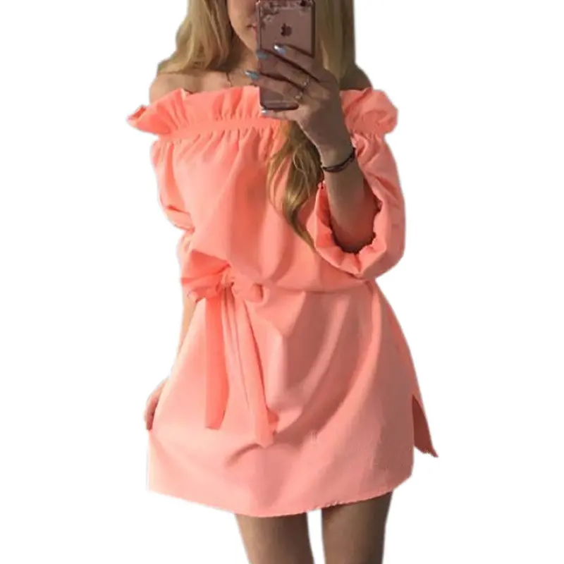 Cute Ruffles Slash Neck Bow Belt Pin Up Dress Women Neon Green Dress Puff Sleeve Short Dress Women Dress Lx125-1 9