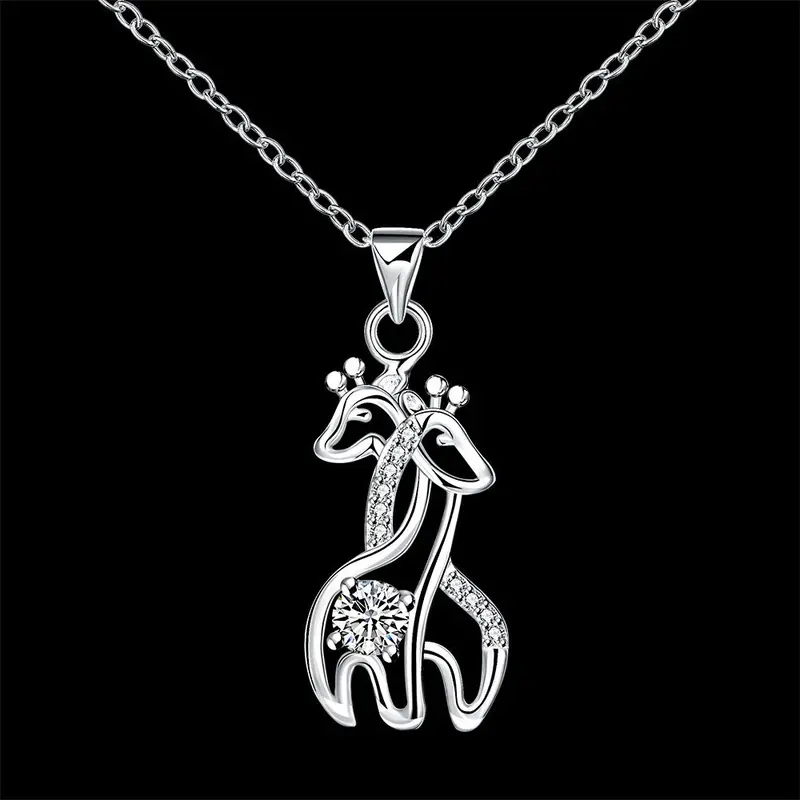 Cute Silver Double Deer Pendant Necklace Crystal Jewelry Christmas Gifts Syxl044 1